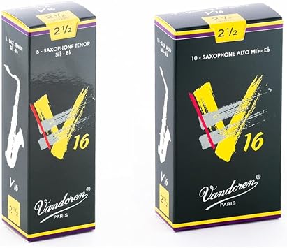 Vandoren SR7225 Tenor Sax V16 Reeds Strength 2.5; Box of 5, Black & SR7025 Alto Sax V16 Reeds Strength 2.5; Box of 10