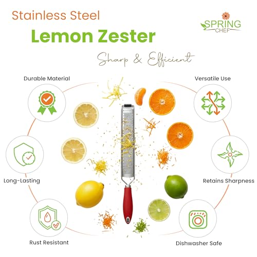 Image of Spring Chef Stainless Steel Lemon Zester - Garlic & Ginger Grater - Red