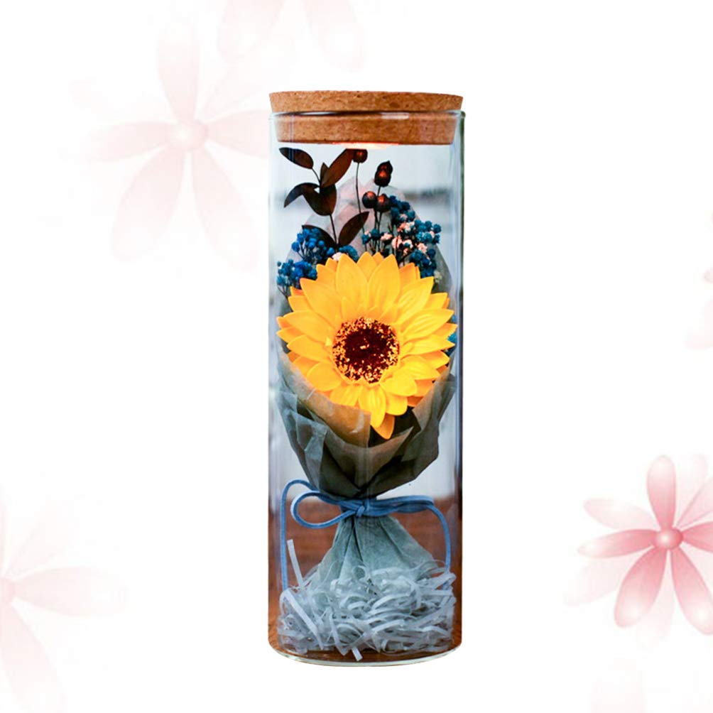 VALICLUD San Conservato Vero Fiore Eterno Giallo Girasole in Bottiglia Luce Notturna Led Luminoso Sapone Ornamento Floreale con per Matrimonio Capodanno Che Desidera Regalo