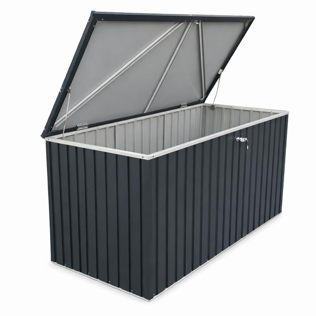 Duramax DH 1.9 (1450 L) Kissenbox aus Metall mit hydraulischer Gasdruckfeder und Vorhängeschlossöse, Terrassenbox und Gartenmöbelaufbewahrung für den Außenbereich, Anthrazit