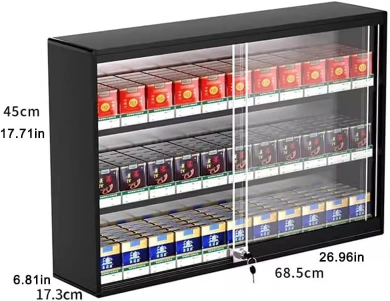 Lockable Wall-Mounted Cigarette Display Rack with Automatic Pusher - Retail Shop & Market Use, Sliding Door, Black 56.5x17.3x75cm for Organized Cigarette Storage