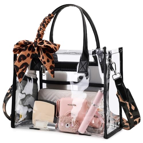 Image of Clear Tote Bag Stadium Events Transparent Clear Purse for Women Thick PVC Shoulder Bag with Guitar Strap for Concert