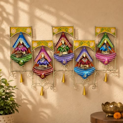 Image of iHandikart Handmade Metal Wall Art for Home Decor | 30 x 15 Inch Traditional Rajasthani Village Women Wall Sculpture | Multicolor Iron Wall Hanging Art for Living Room, Bedroom, Hallway & Office