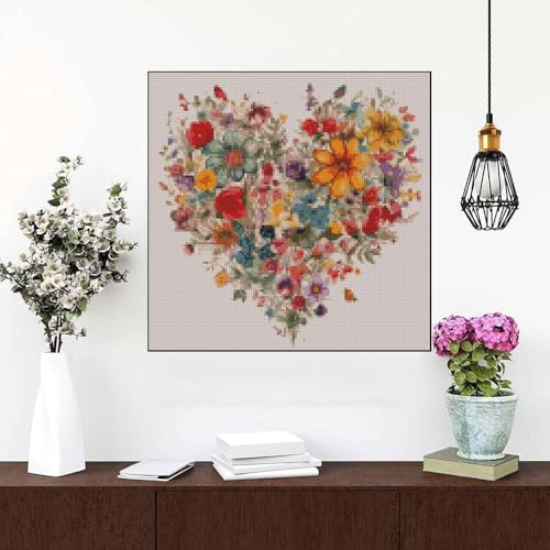 Image of Valentine's Day Stamping Cross Stitch Kit, Flowers Counting Cross Stitch Kit for Adult Beginners , Full Line DIY Cross Stitch Stitching Kit for Home Decor Cross Stitch Patterns 13.7x13.7 inches