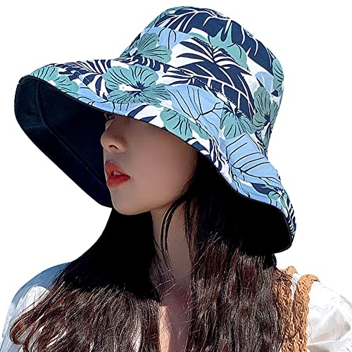 Reversible Floral Sun Hats Uv Protection Upf Packable Wide Brim Chin Strap Women (Navy) #TOP1
