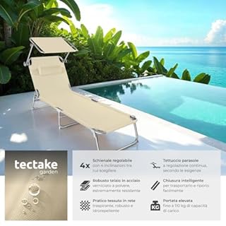 tectake® Set 2X Lettino Pieghevole, Lettini Prendisole Pieghevoli Sdraio con Parasole, Schienale Regolabile 4 Posizioni, Rivestimento Resistente, Giardino Spiaggia Lettini Prendisole Mare - Beige