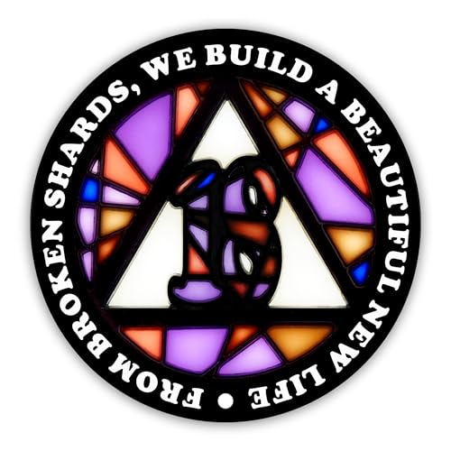 Image of Stained Glass 18 Year AA Chip Sobriety Coin Medallion, Fragments to Freedom Alcoholics Anonymous Addiction Recovery Anniversary Token, Inspirational Sober Gifts for Men and Women by the Token Shop
