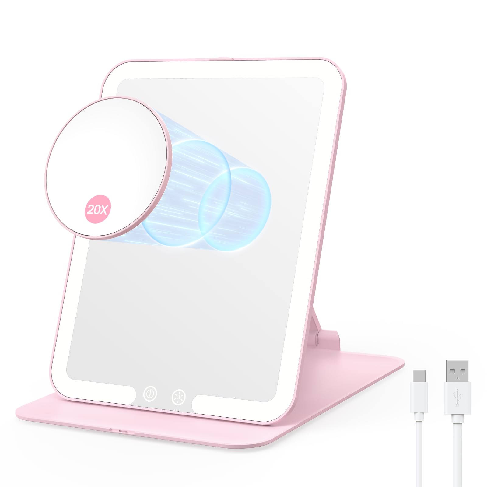 Benbilry Foldable Travel Makeup Mirror with Lights and 20X Magnification, Rechargeable Tabletop LED Vanity Mirror with Adjustable Stand, 3-Colored