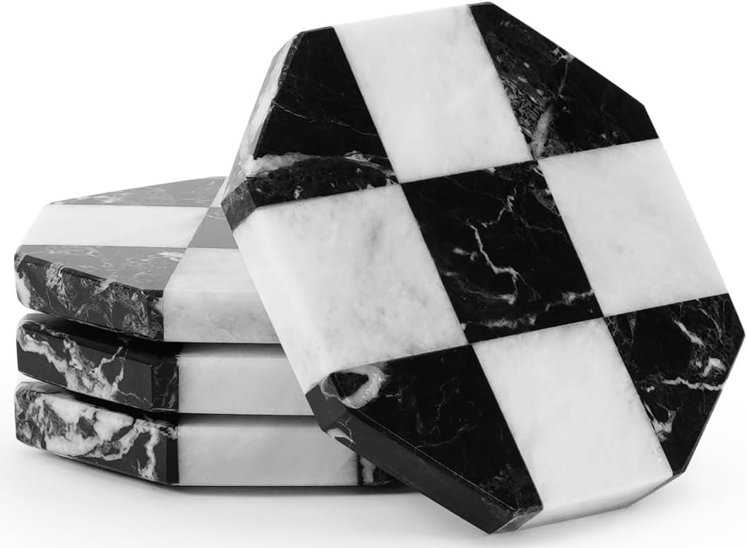 Handmade Marble Coasters Set of 4, Zebra Black & White 4 inch Natural Stone Drink Coasters, Elegant Table Protection for Kitchen, Dining & Home Décor