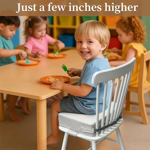Image of Toddler Booster Seat for Dining Table - PU Washable Cushion with Double Safe Straps, Non-Slip Bottom, Portable Travel Booster Seat for Toddlers (Grey)