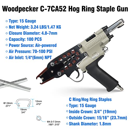 Woodpecker C-7C 15 Gauge Pneumatic C Ring Tools Kit With 1,000Pcs Hog Ring Staples, 3/4'' (19Mm) Crown, 4.8Mm Closure Diameter, Air Power Hog Ring Tool #TOP7
