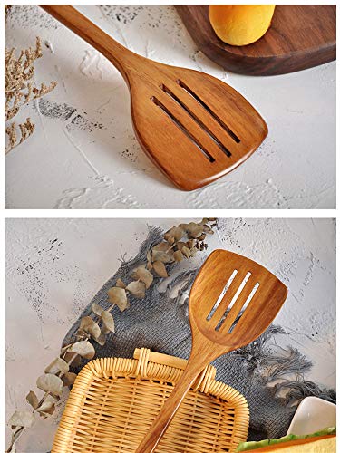Image of Wooden Slotted Turner Spatula. Long Handle Spatula for cooking.Handmade for Kitchen Cookware (Slotted Turner)
