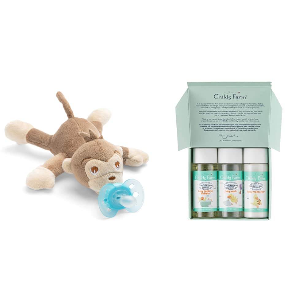 Philips Avent SCF348/12 Toy with Dummy Ultra Soft Perfect Gift for Newborns Babies with Childs Farm, Baby Bathtime Sample Pack 3 x 30 ml, Moisturiser, Wash, Bubble Bath, Suitable for Newborns