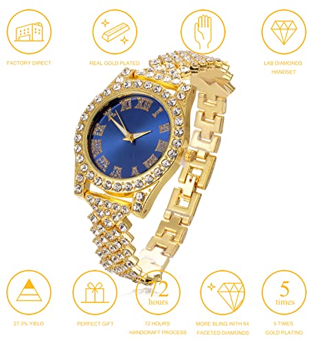Image of Halukakah Diamonds Gold Watch Iced Out, Kid's 18K Real Gold /Platinum White Gold Plated 36MM Width Green /Blue /Red Dial Quartz Wristband 8 inch with Cuban Link Chain 7 inch+16 inch Bracelet, Free Giftbox