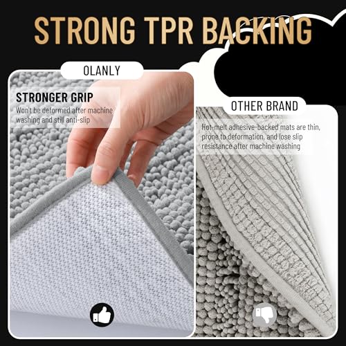 Image of OLANLY Thick Bathroom Runner Rugs 47x24, Extra Absorbent Chenille Striped Bath Rugs, Rubber Backing, Machine Wash Dry, Long Bath Mats for Bathroom, Tub and Shower, Home Decor Accessories, Light Grey