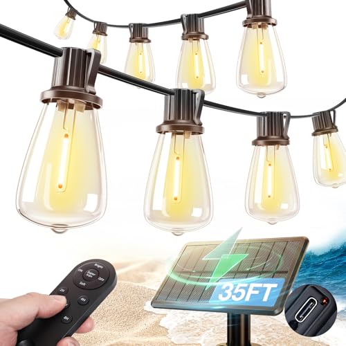 Image of addlon 35FT Solar String Lights Outdoor, IP54 Waterproof Solar Powered with Remote & USB Port, 10+1 LED Shatterproof Bulbs, Dimmable Solar Light Outdoor for Camping Backyard Bistro Porch