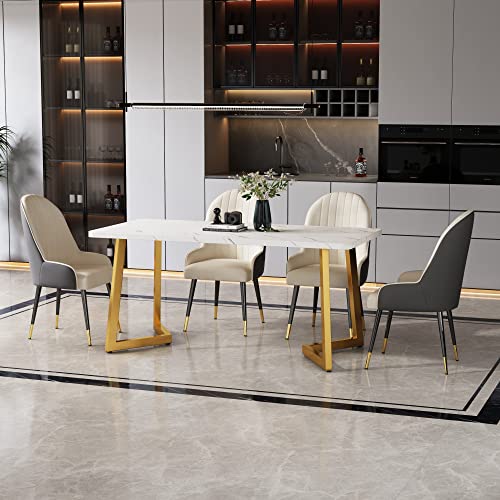 Merax Mesa de comedor 117x68cm, Mesa rectangular de diseño de mármol, para 4-6 personas, marco de metal, patas de metal, adecuada para restaurante, sala de estar, cocina, salón, Blanco/Oro