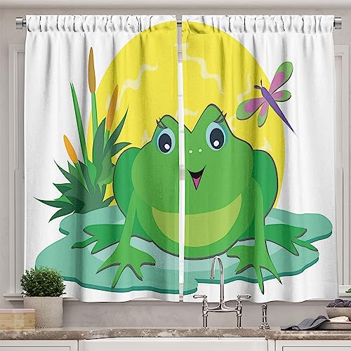 Ambesonne Frogs Long Kitchen Curtains, Cartoon Design of Animal on Water Lily Leaf and Sun, Two Panels Drapes with Rod Pocket Room Decor, 55