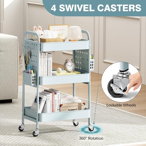 Image of KINGRACK 3 Tier Rolling Cart with DIY Hanging Board, Metal Rolling Utility Cart with Wheels Handles Baskets Hooks, Rolling Storage Cart Suitable for Bathroom, Kitchen, Office, Nursery Diaper (Green)