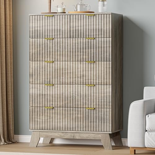 Image of Grey Dresser for Bedroom with 6 Drawer, 46 inch Tall Fluted Wooden Dresser Storage Cabinet and Chest of Drawers with Metal Handle, Storage Organizer for Living Room, Hallway, Entryway, Gray