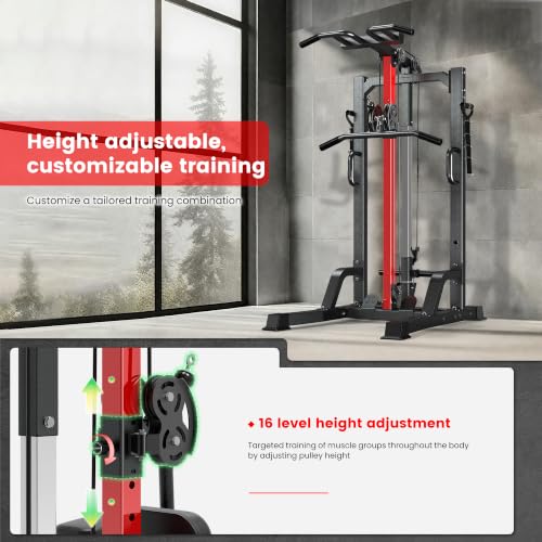 Image of Pull Up Bar Power Tower Dip Station with Cable Machine, 450LB Home Gym