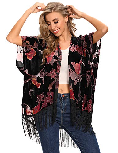 Image of MJ SERECA Women's Burnout Velvet Kimono Cardigan Cover Up with Tassel