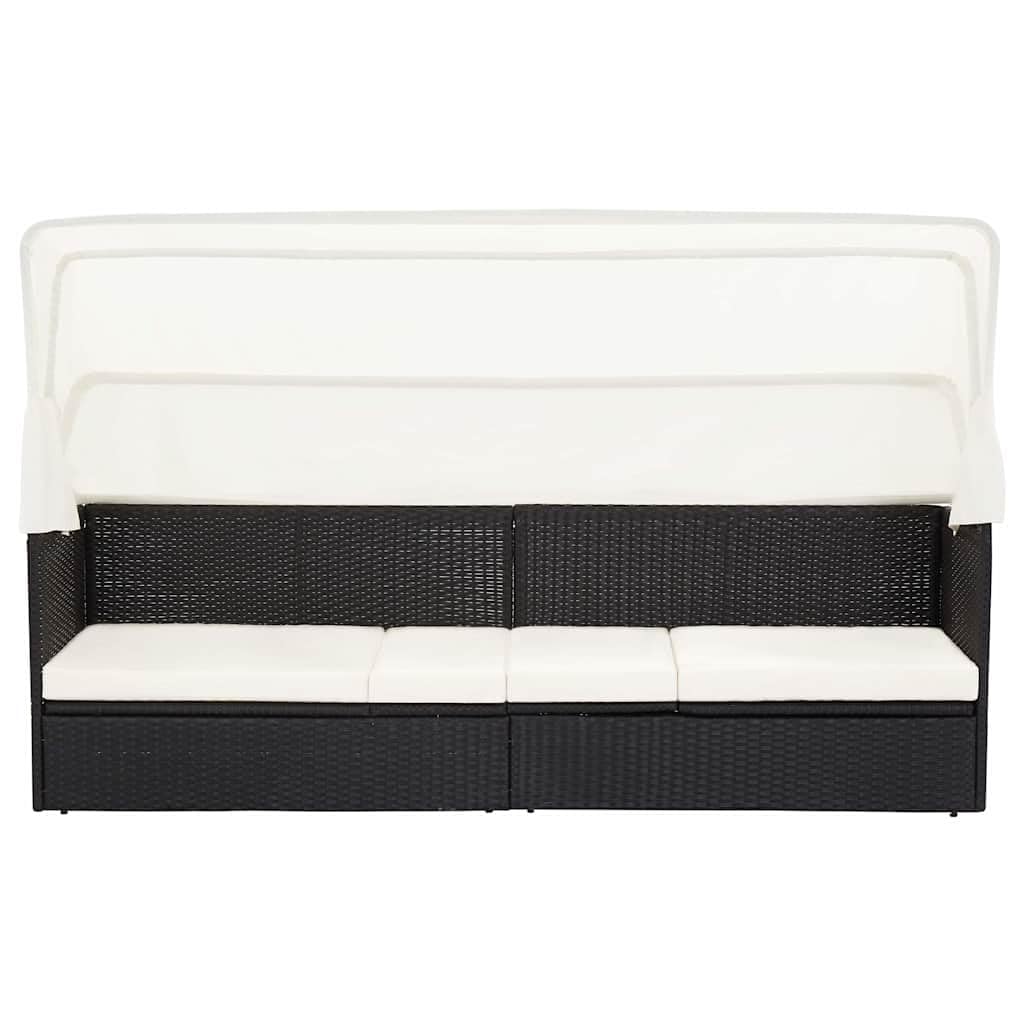 Divano da giardino in rattan sintetico con tettuccio parasole, nero, con telaio in acciaio verniciato a polvere, cuscino spesso rimovibile e tettuccio pieghevole, per giardino, terrazza, piscina