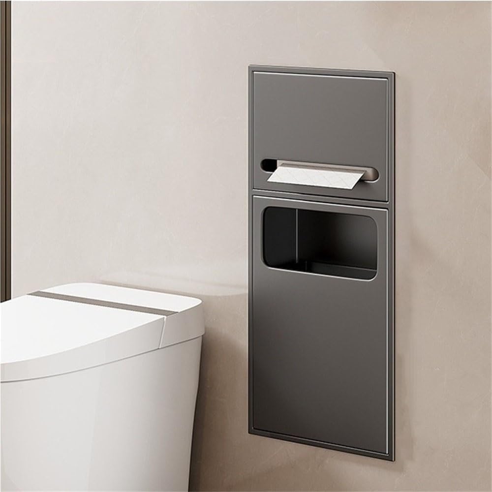 Large Gray Stainless Steel Shower Niche with Built-in Trash Can & Recessed Toilet Paper Holder for Bathroom, Hotel, Restaurant – Durable & Stylish Space Saver
