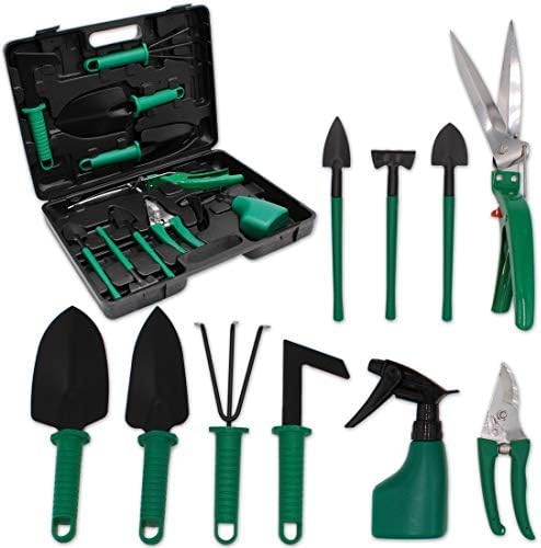 GIOVARA Garden Tool 10 Piece Set with Carry Case includes Trowel, Transplanter, Rake, Secateurs, Grass Shears, Shovels And Water Spray Bottle
