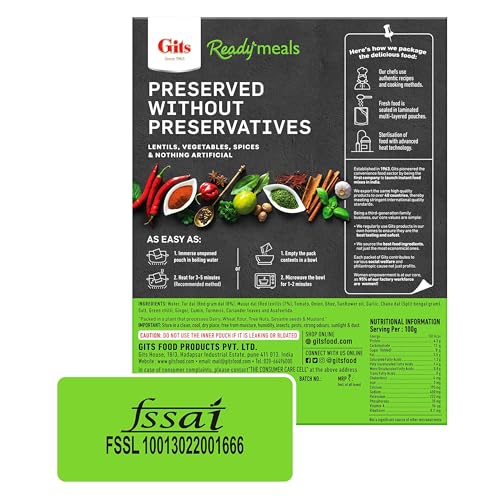 Image of Gits Ready to Eat Dal Tadka, Pure Veg Heat and Eat Indian Meal, Microwaveable, 1200g (Pack of 12 X 300g Each)