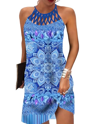 Image of LOVESHOOT Summer Dresses for Women 2026 Casual Floral Hollow Out Halter Neck A-line Sundress for Beach Vacation with Pockets