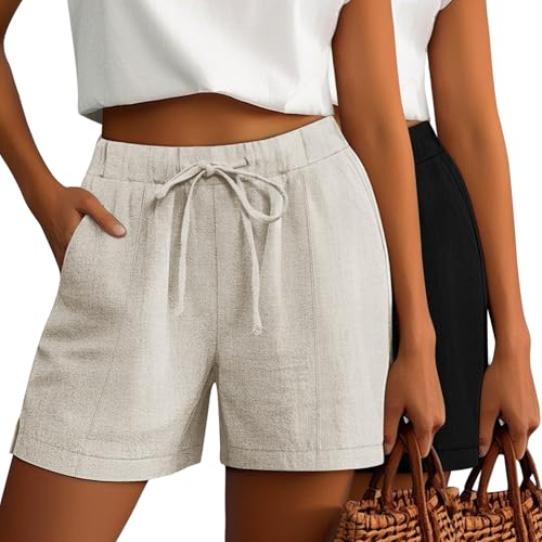 Riyiper 2 Pack Women Casual Linen Shorts, 2-Color, Medium