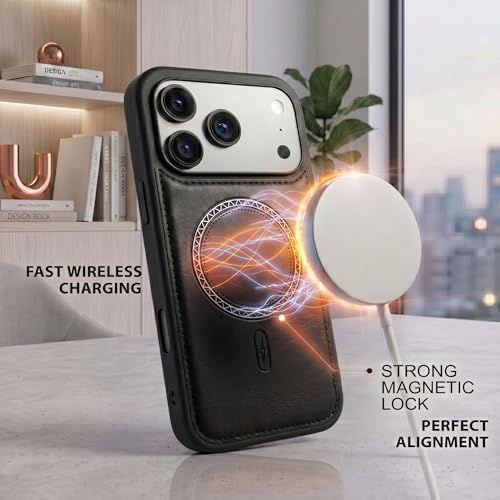 Image of amazon basics Premium PU Leather Case for iPhone 17 Pro Max, MagSafe Compatible Magnetic Ring, Sleek Protective Back Cover - [Black]