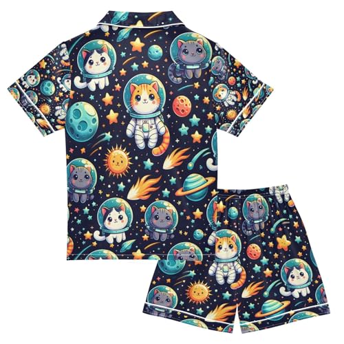 senya Cute Cats in Space Satin Summer Pajama Sets Silk Short Sleeve Button Down Sleepwear2