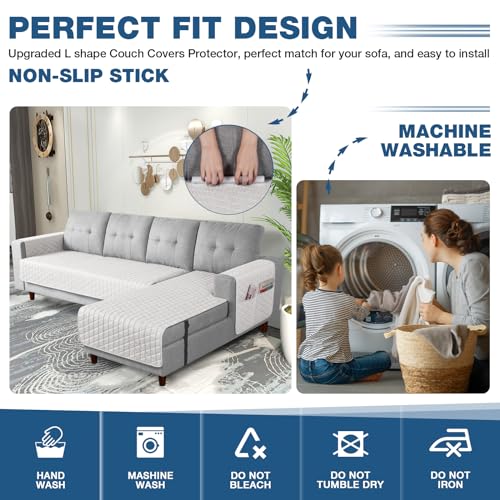 Image of TAOCOCO Polyester Sectional Couch Covers Waterproof L Shaped Sofa Covers for Right Hand Facing Chaise Lounge,2 Pieces Couch Cover L Shape Furniture Protector Slipcover for Pets Kids,Large /Off White