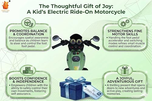 Image of Urban Tots 3-Wheel Electric Ride-On Bike for Kids | LED Lights, Music, USB & Bluetooth | Rechargeable Toy Bike | Age 3+ Years (Urban Bob, Green)