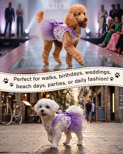 Image of CuteBone Purple Butterfly Floral Pet Dress for Small Dogs, Cats - Ruffled Double-Layer Skirt - Satin Bow - Spring Fairy Party Dress