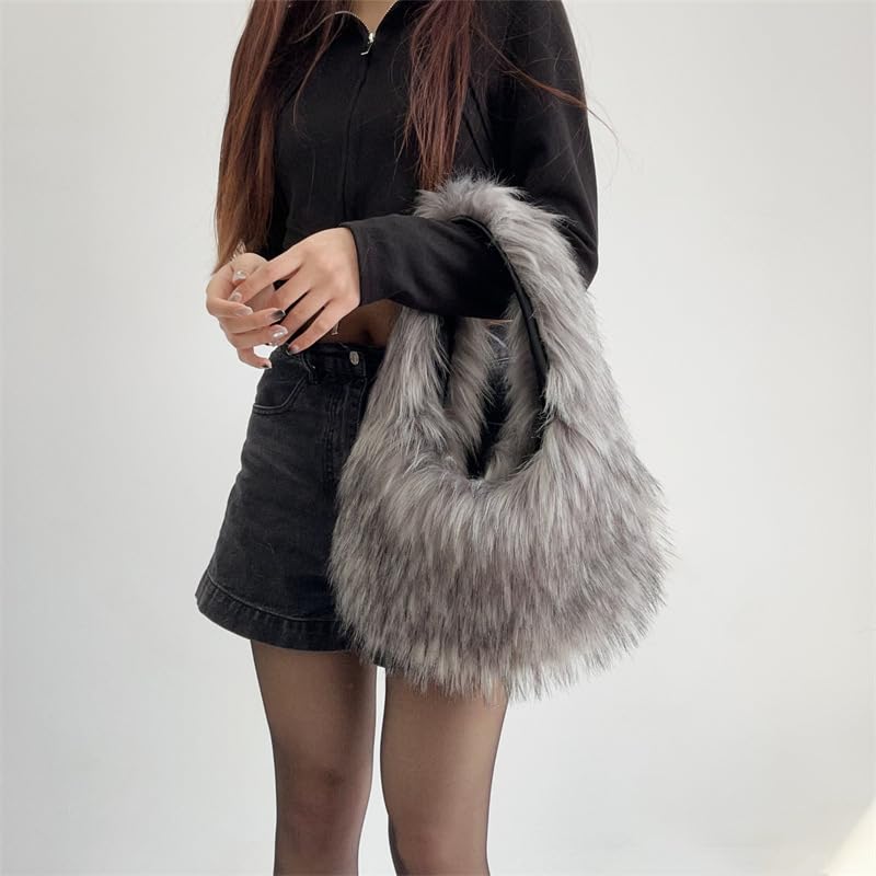 Image of Faux Fur Hobo Shoulder Bag for Women - Large Cute Fluffy Tote Plush Handbag Y2K Furry Purse