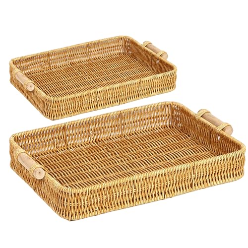 Hotainoys Bandeja de Mimbre Rectangular de 2 Piezas con asa, Cesta Plana Tejida de plástico para decoración de Mesa de Comedor y café, Pan, Fruta, Cesta de Aperitivos