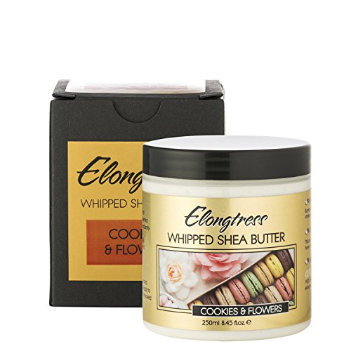 Manteca de karité batida por Elongtress: Manteca de karité hidratante natural para una piel impecable y un cabello delicioso - Hidratante nutritivo corporal y facial - 8 fragancias (Cookies & Flowers)