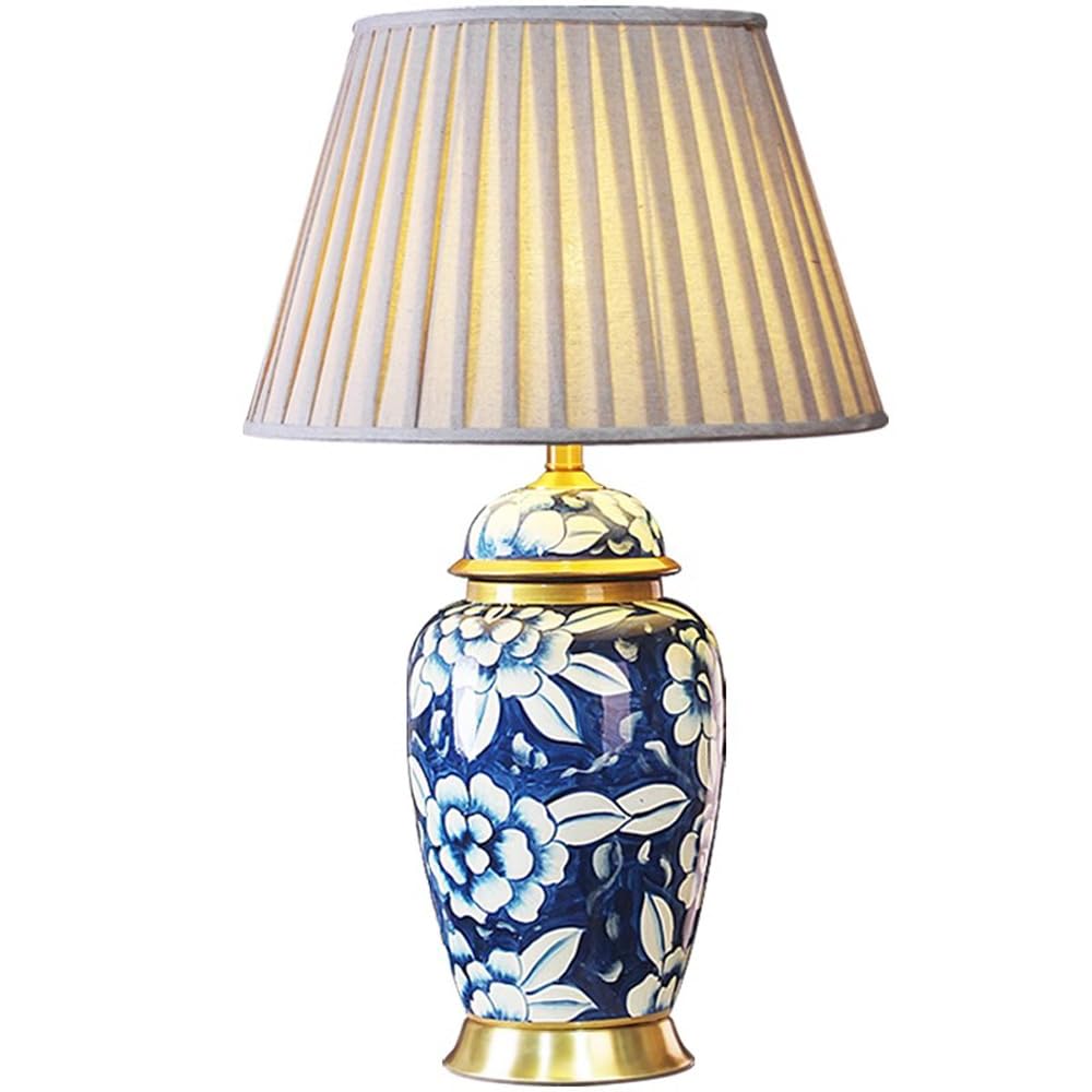 SANBDDLYY Jingdezhen Ceramic Table Lamp - Traditional Chinoiserie Bedside Fabric Shade for Living Room, Office, and Study
