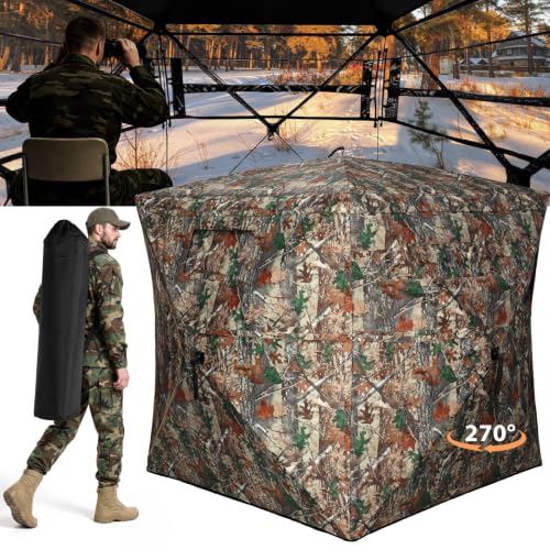 Hunting Blind with Carrying Bag, 270 Degree See Through Ground Blind, Pop Up Hunting Blind Portable Concealed Camouflage Tent for 2-3 Person, Camouflage