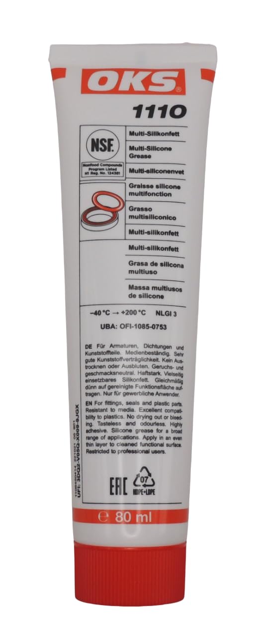 OKS 1110 - Wielofunkcyjny smar silikonowy, wodoodporny, długotrwała stabilność, kompatybilny z EPDM, skuteczny w przypadku części z tworzywa sztucznego, bezbarwny i bezwonny.