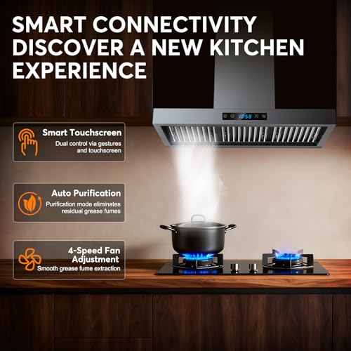 Image of 36 Inch Wall Mount Range Hood 1200 CFM, 4-Speed Wall Mount Range Hood with Touch Control & Gesture Sensing Stainless Steel Kitchen Stove Vent Hoods with 2 LED Lights Luxury Series