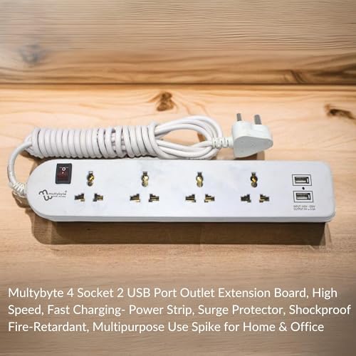 Image of MULTYBYTE 4 Socket 2 USB Port Outlet Extension Board, High Speed, Fast Charging- Power Strip, Surge Protector, 2M Cable Shockproof Fire-Retardant, Multipurpose Use Spike for Home & Office