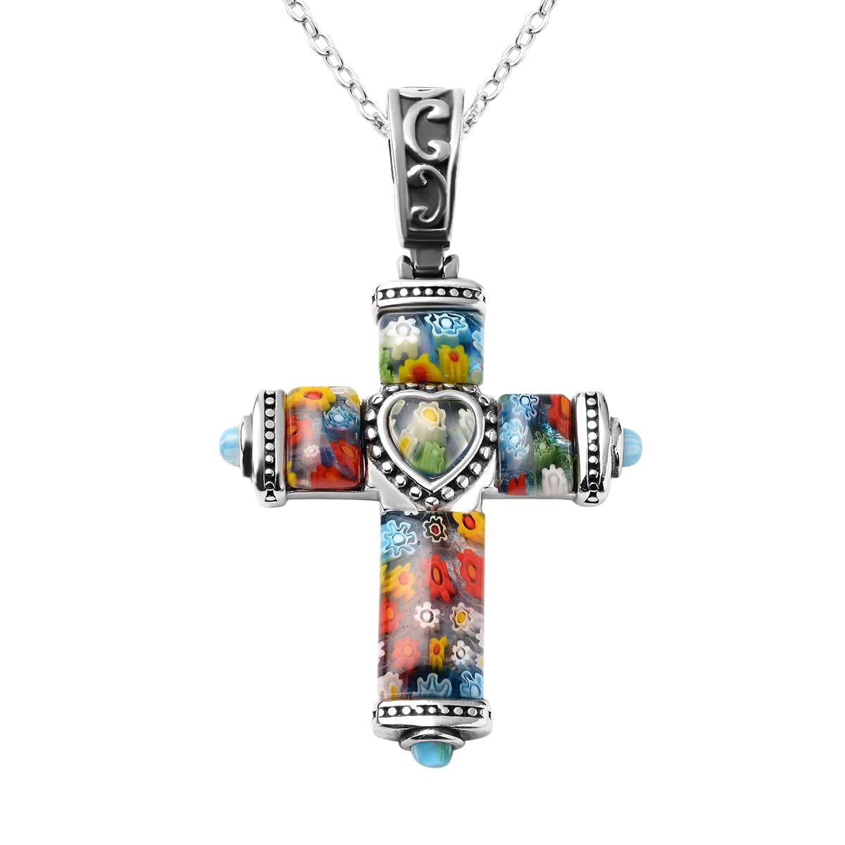 Shop LC Delivering JoyShop LC Colorful Religious Cross Necklace for Women Men Dainty Jewelry Black Oxidized Murano Style Millefiori Glass Stainless Steel Chain Size 20"