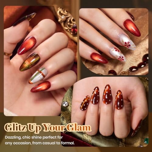 Image of Beetles Fall Cat Eye Gel Polish Set, Vintage Jewel 6 Colors Gel Polish Kit | Glitter Gel Purple Red Brown Orange Gold Green Magnetic Glass Cat Eye Luminous Gemstone Effect Soak Off UV Manicure for Women