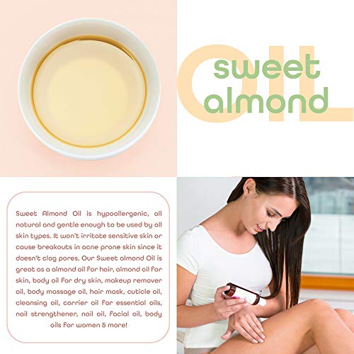 Sweet Almond Oil Carrier Oil - Cold Pressed Pure Natural Body Massage Oil Carrier Oil For Essential Oils Mixing, Baby Oil Dry Skin Face Hair Moisturizer Makeup Remover 4 Oz #TOP4