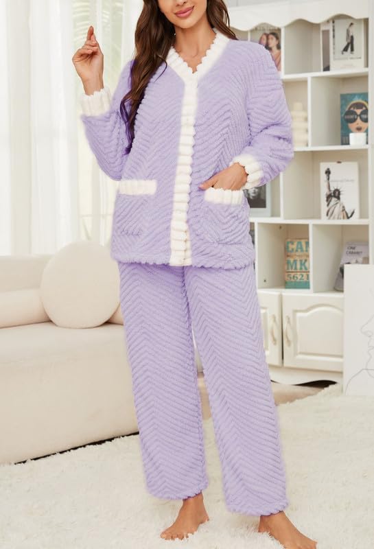 LYCY Women's Plush Fleece Pajama Set,Soft Cozy Pajama for Women Warm Sleepwear Lounge PJS - Image 2