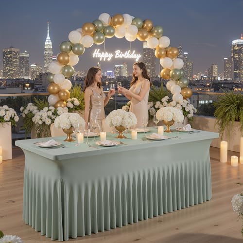 Image of Outpain Dusty Green Spandex Table Clothes for 6 Foot Rectangle Tables-2Pack 6FT Spandex Fitted Table Cover, Wrinkle Free Tablecloths with Skirt for Parties, Wedding, Birthday, Banquet, Festival